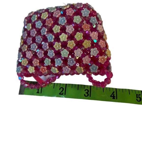 Vintage Tiny Pink Beaded Colorful Floral Purse With Long Strap Girls & Women - Picture 5 of 9